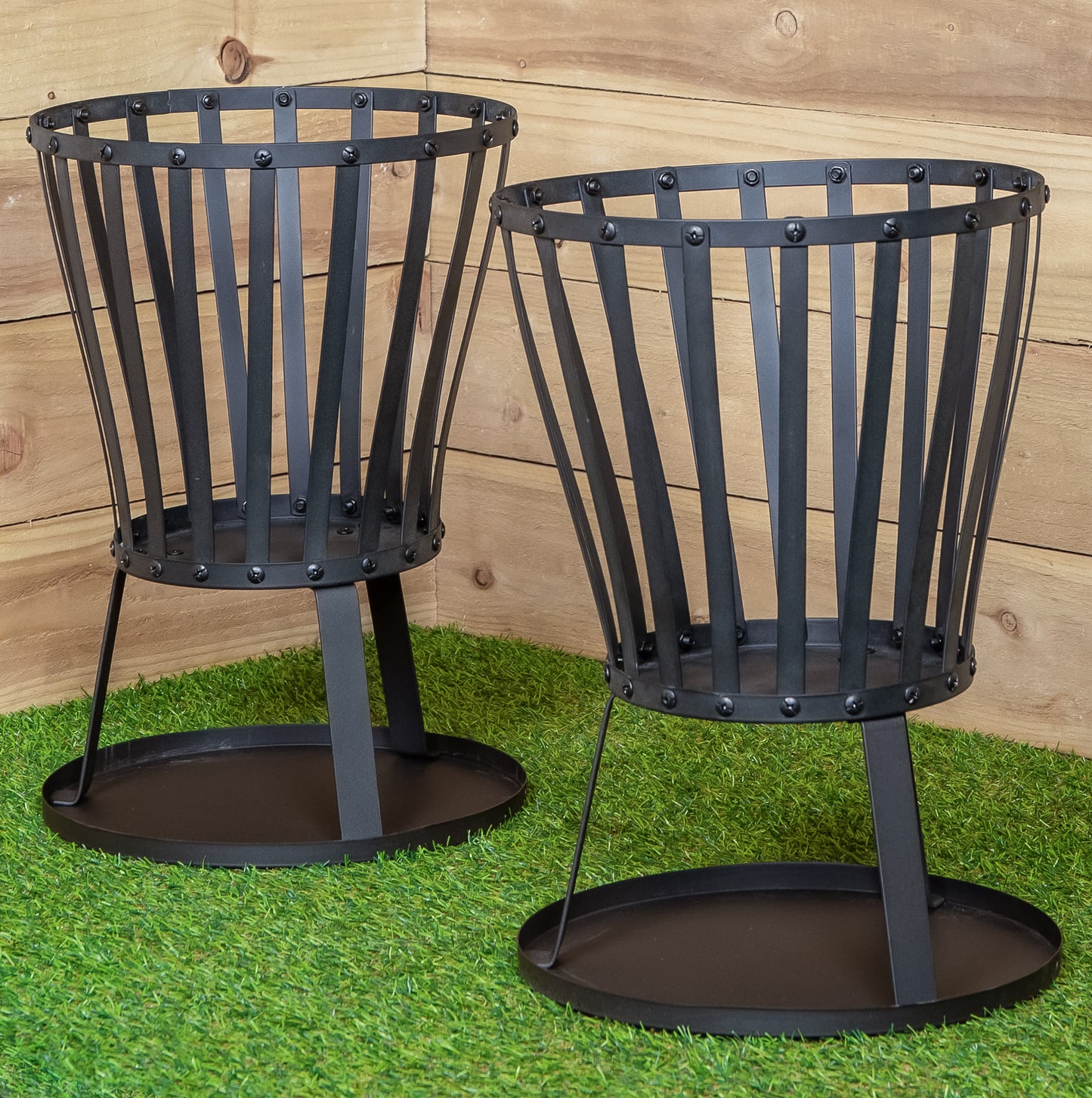 Set of 2 35cm Outdoor Black Steel Garden Log Burner Fire Basket