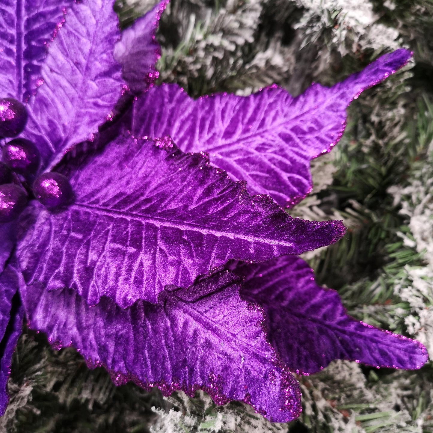 76cm Purple Velvet Poinsettia Stem with Glitter Christmas Decoration