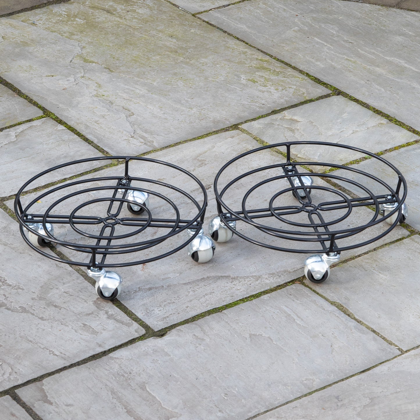 Pack of 2 37cm Black Metal Heavy Duty Plant Pot Trolley on Castor Wheels