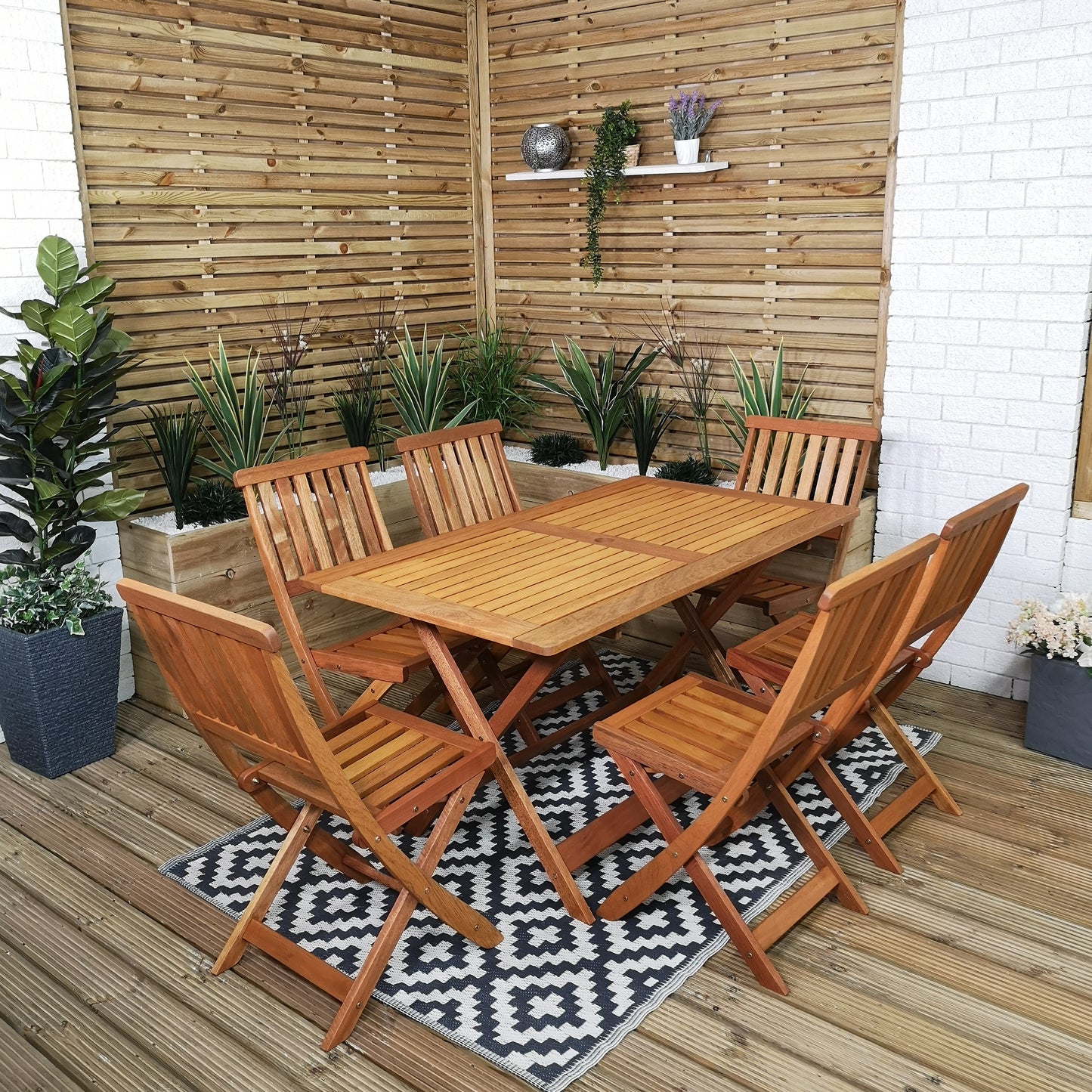Outdoor 6 Person Folding Rectangular Wooden Garden Dining Table Chairs Set