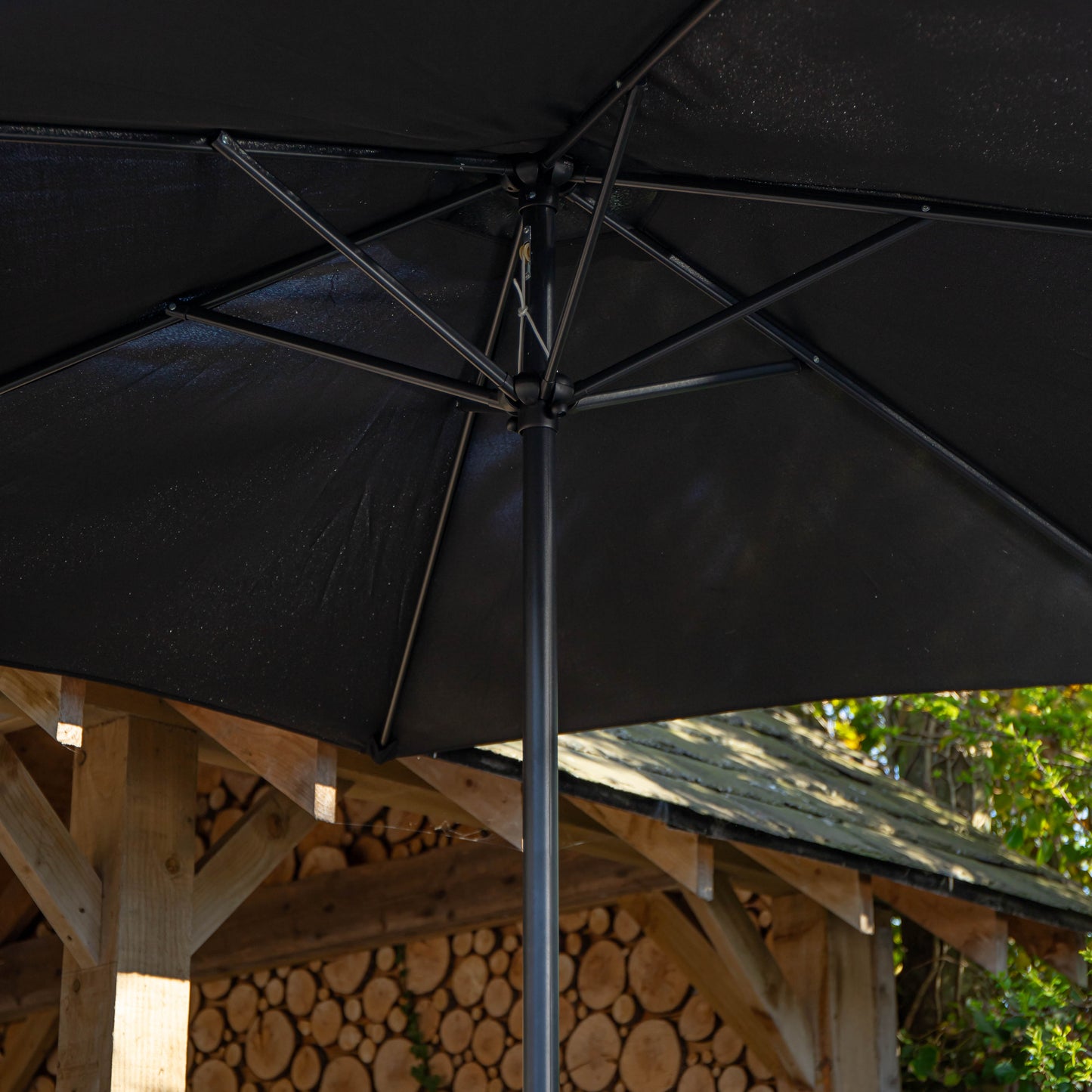 Outdoor 4 Person Round Glass Top Garden Dining Table Chairs With Black Parasol and Base Set