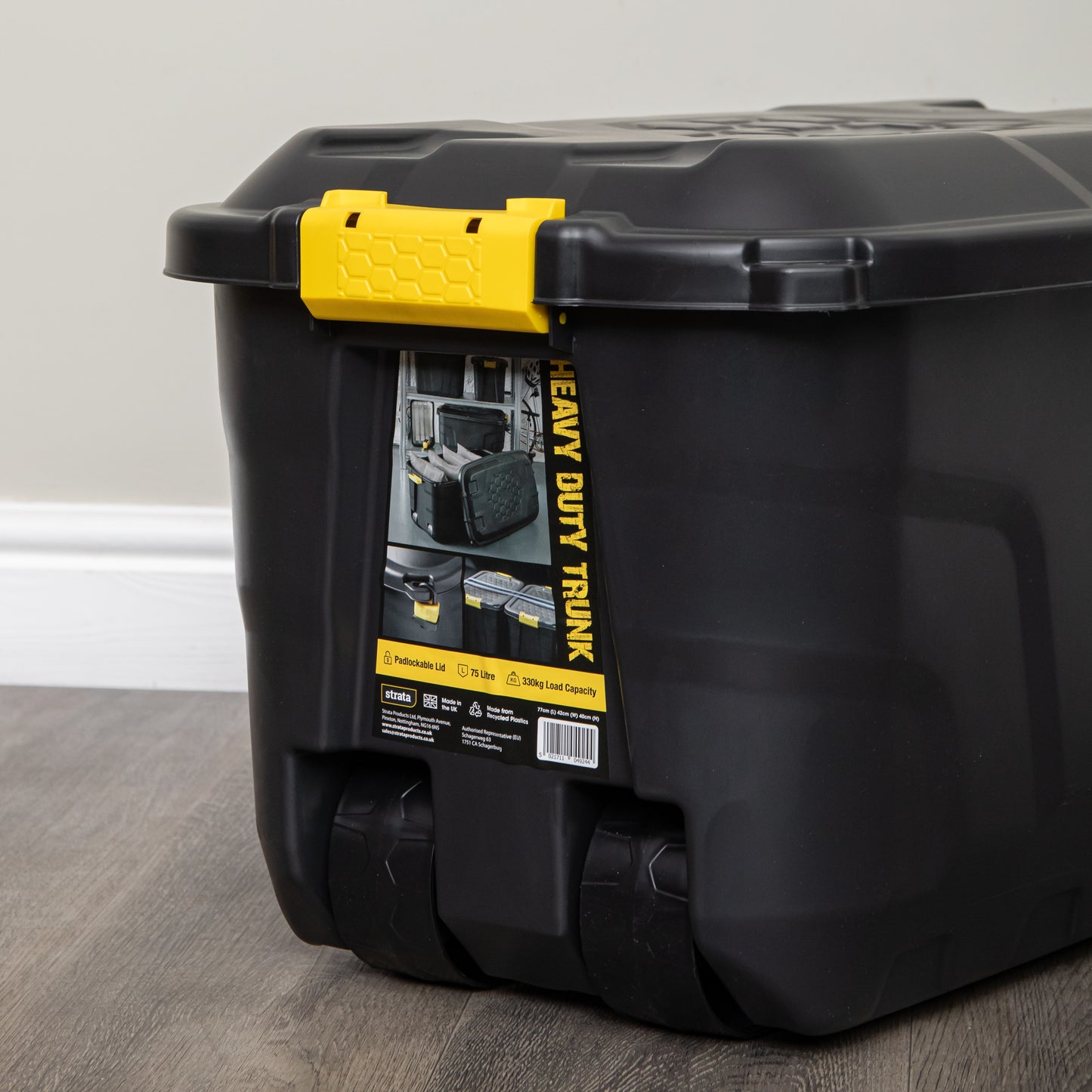 2 x 75L Heavy Duty Lockable & Stackable Storage Tub Chest on Wheels with Clips in Black