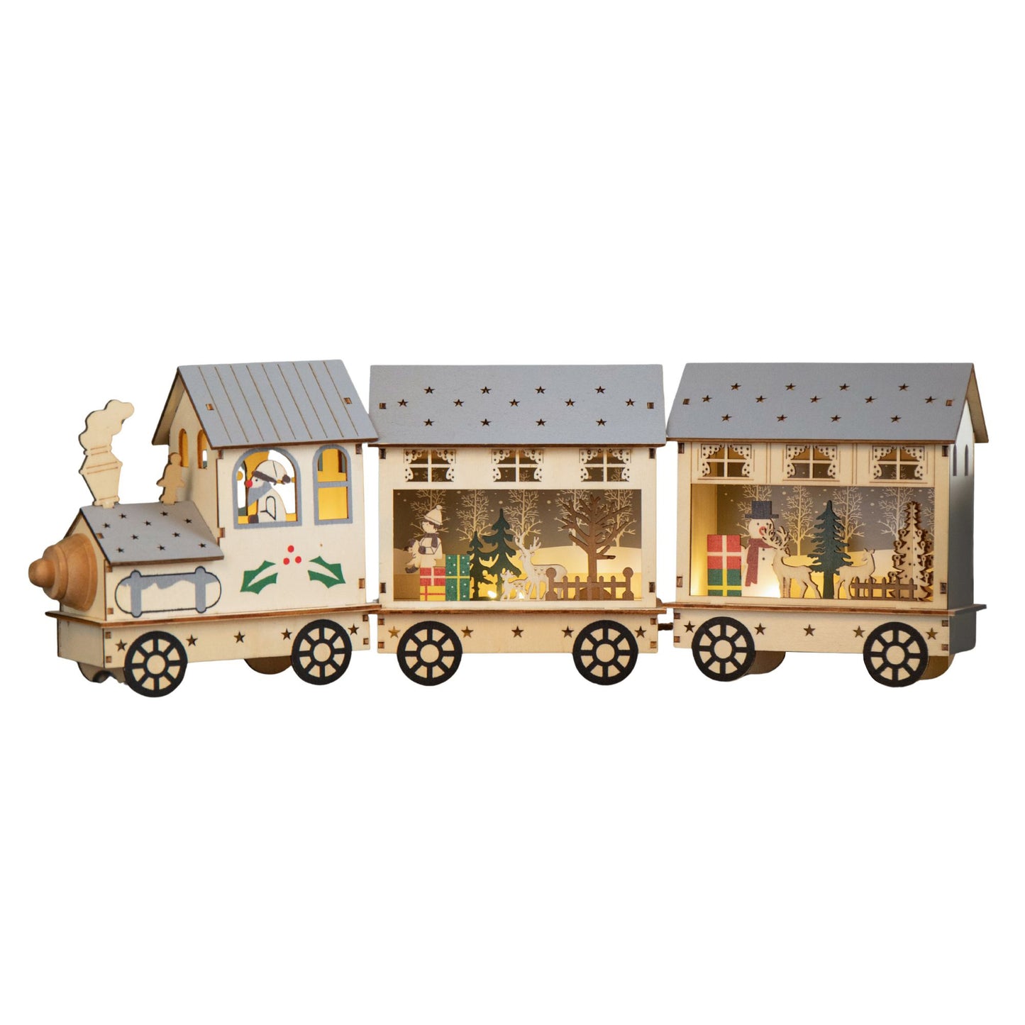 16cm LED Battery Operated Indoor Wooden Christmas Train & Carriages Scene