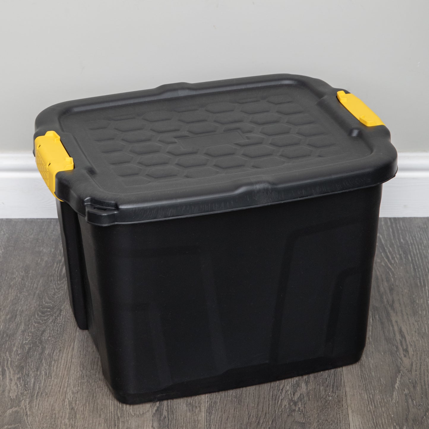 4 x 42L Heavy Duty Storage Tubs Sturdy, Lockable, Stackable and Nestable Design Storage Chests with Clips in Black
