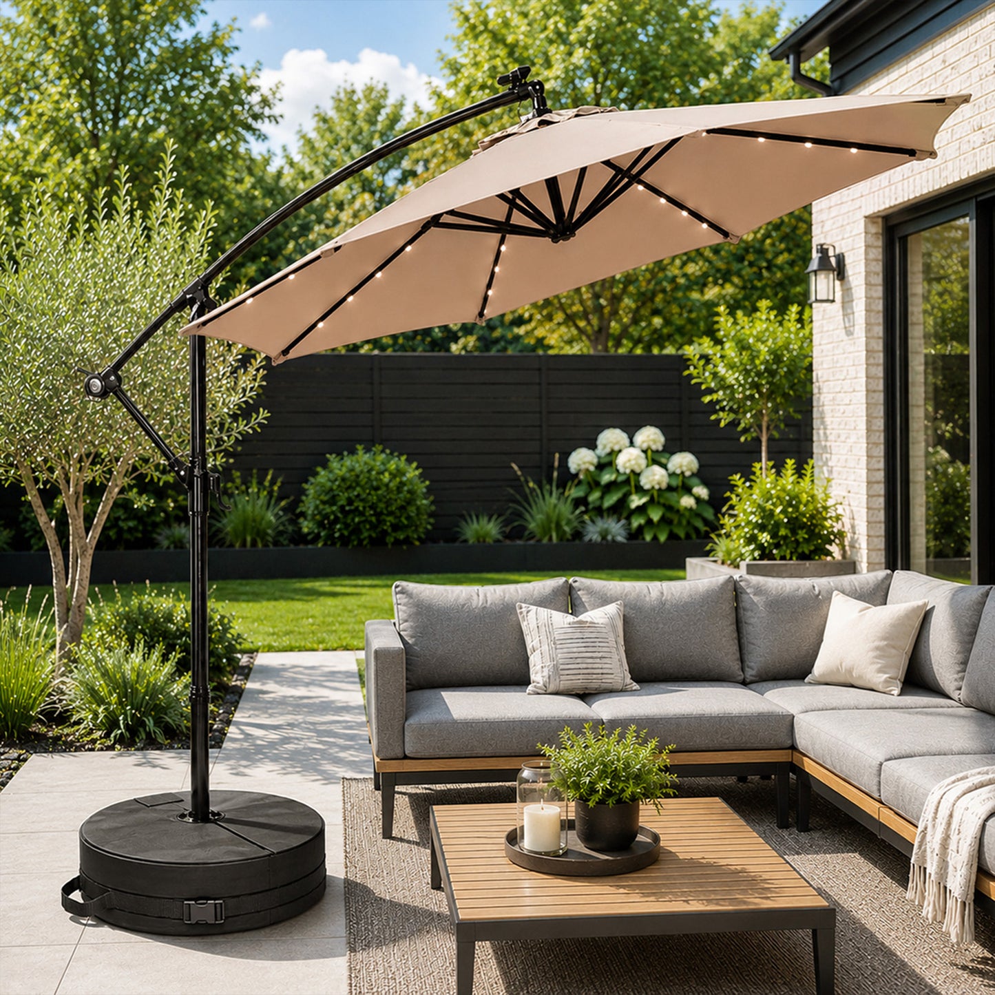 3m Solar Powered Cantilever Lit Banana Garden Parasol with Crank Handle & White LED Lights in Beige with Base Bag Included