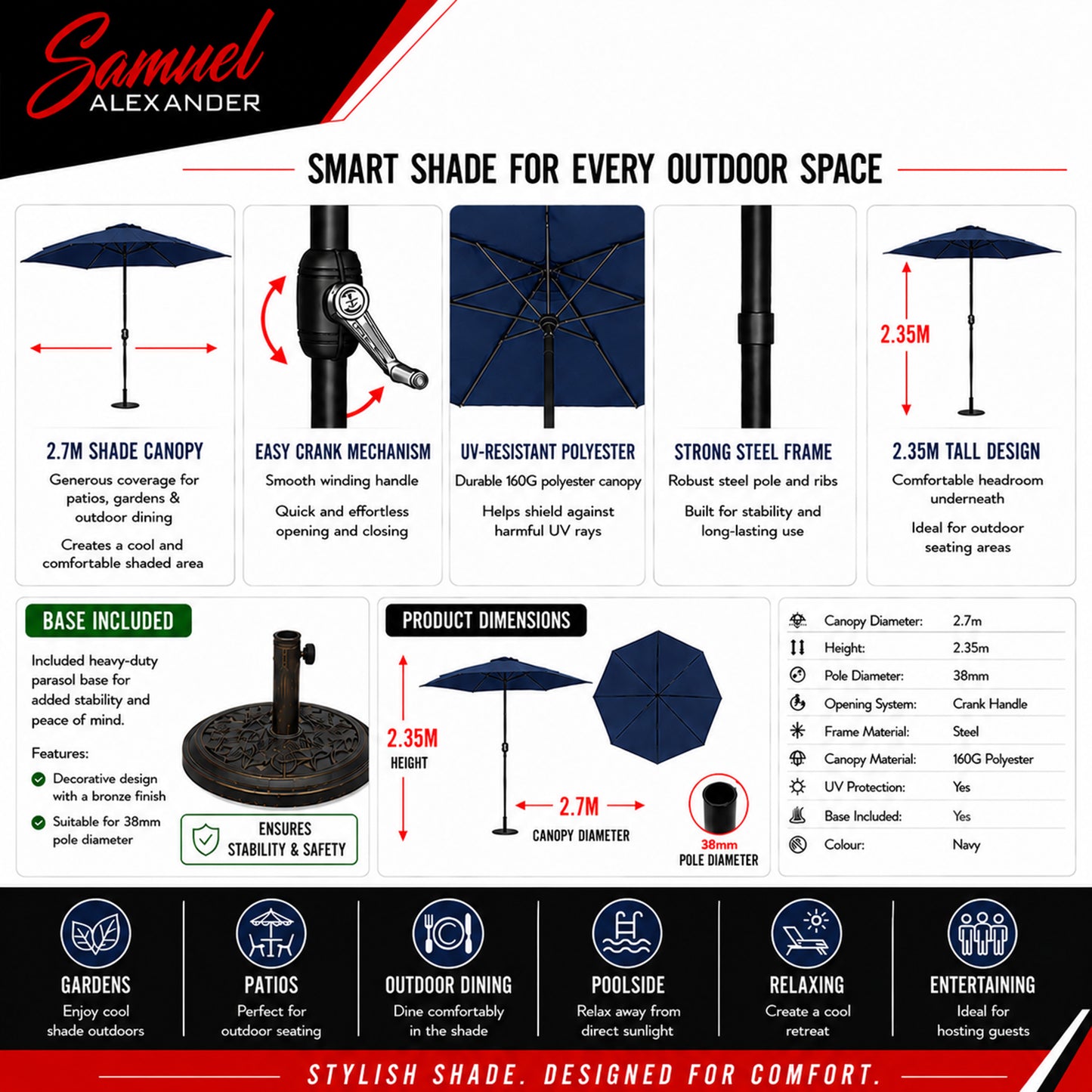 2.7m Havana Garden Patio Parasol with Crank Handle in Blue with 9kg Base Included