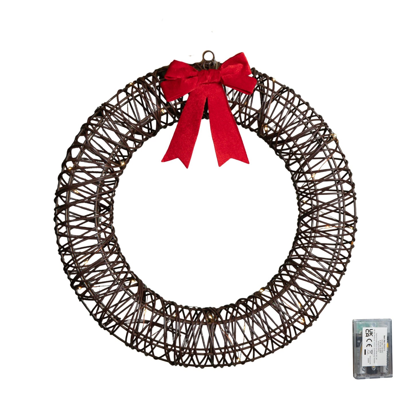 50cm Battery Operated Light up Christmas Wreath with Red Bow & 40 Warm White LEDs