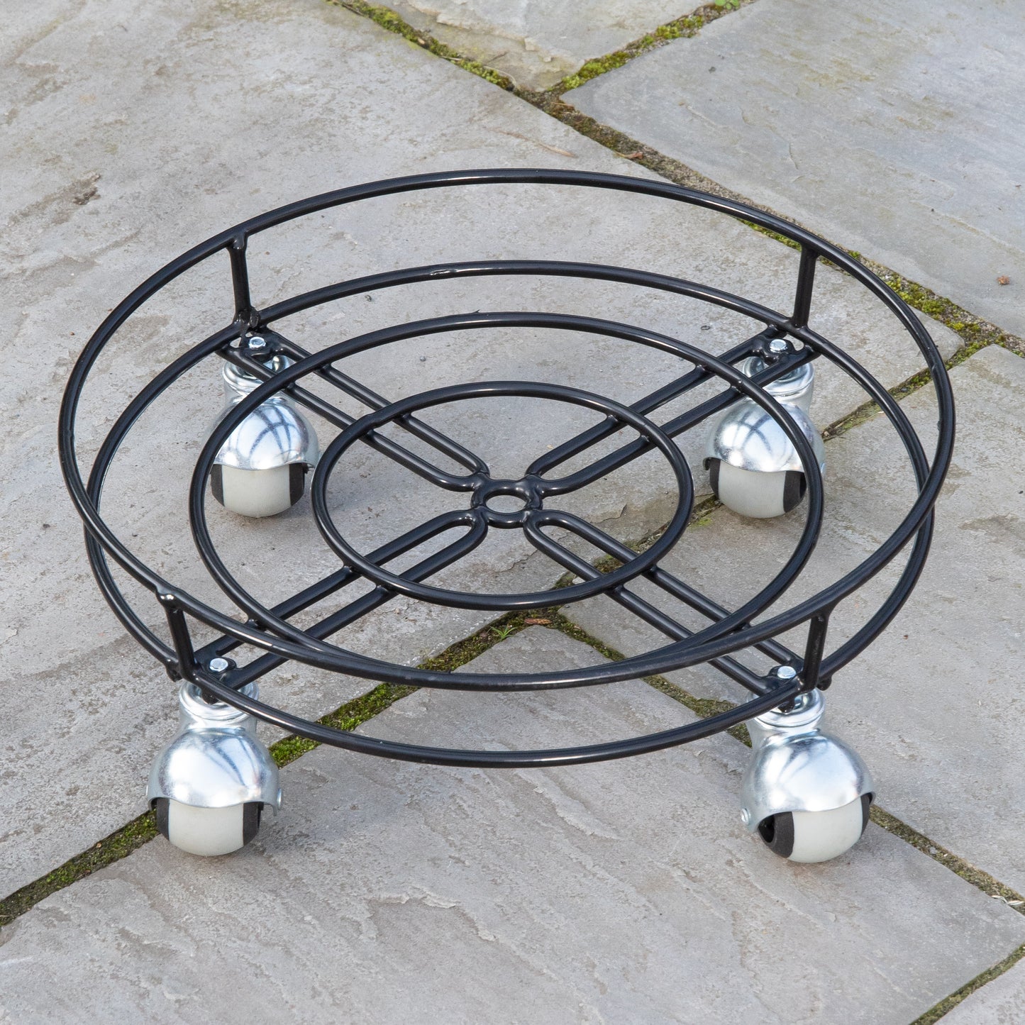 Pack of 2 Tom Chambers Handcrafted Heavy Duty Round Black Metal Garden Patio Plant Flower Pot Stand Caddy Trolley Dolly on Strong Metal Castor Wheels 32cm