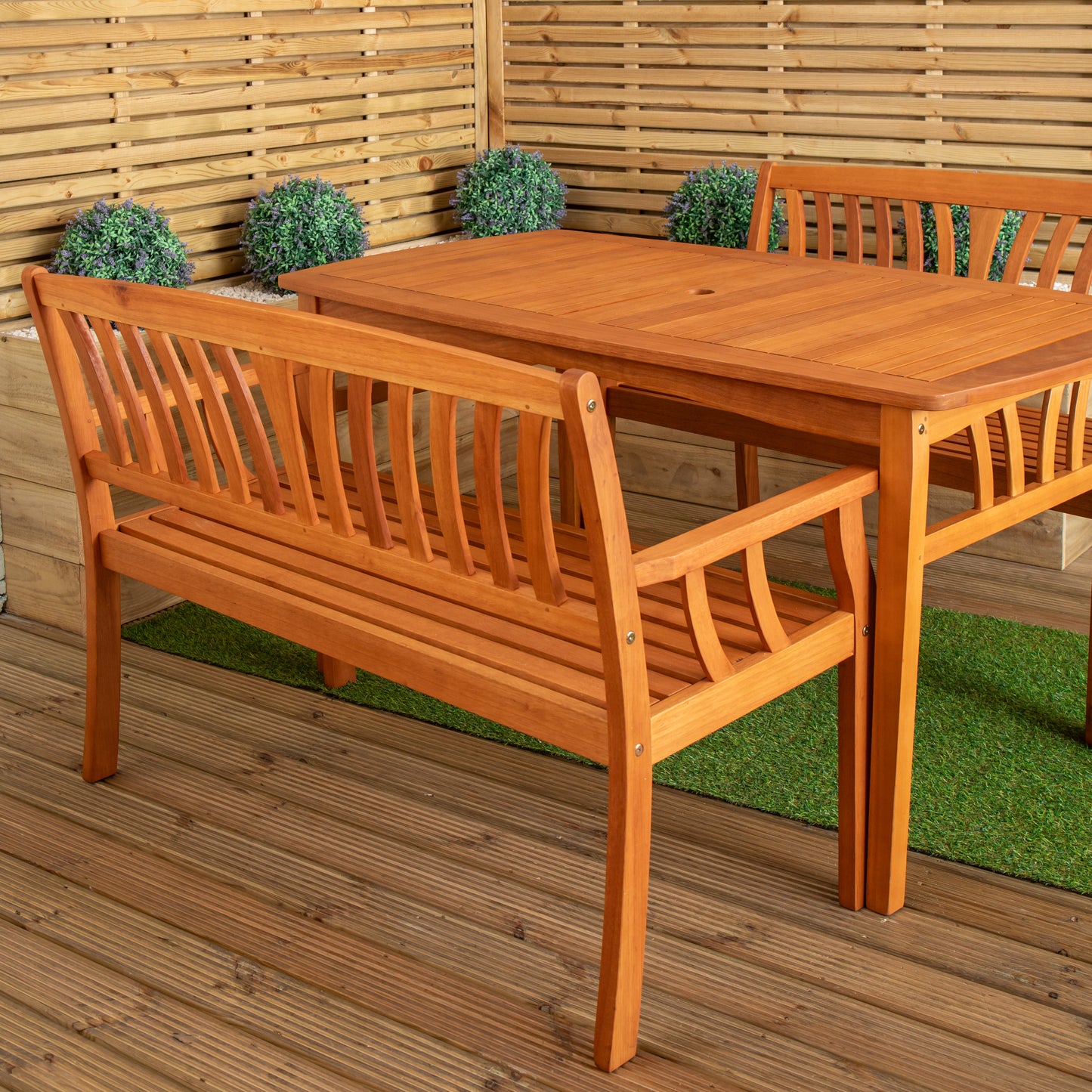 Outdoor 4 Person Rectangular Wooden Garden Dining Table with 2 Benches Furniture Set