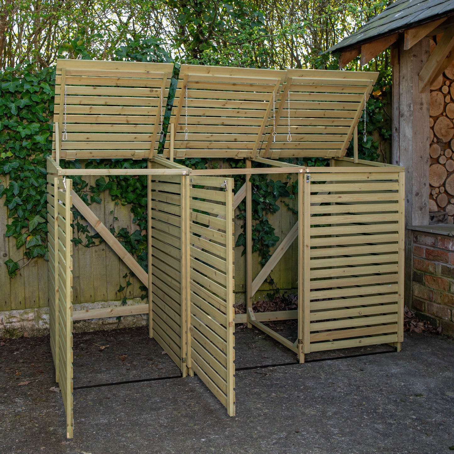 2.02m x 1.22m Large Wooden Outdoor Garden Triple Wheelie Bin Store Storage for 3 Bins