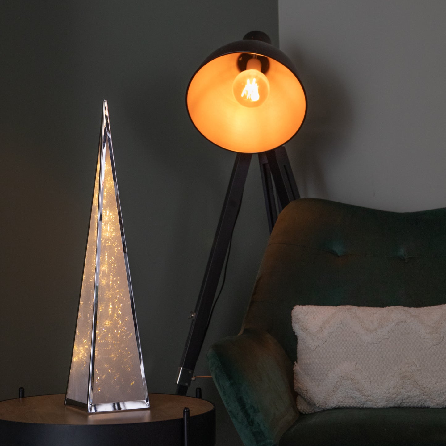 60cm Light up Silver Holographic Christmas Pyramid with 16 Warm White LEDs