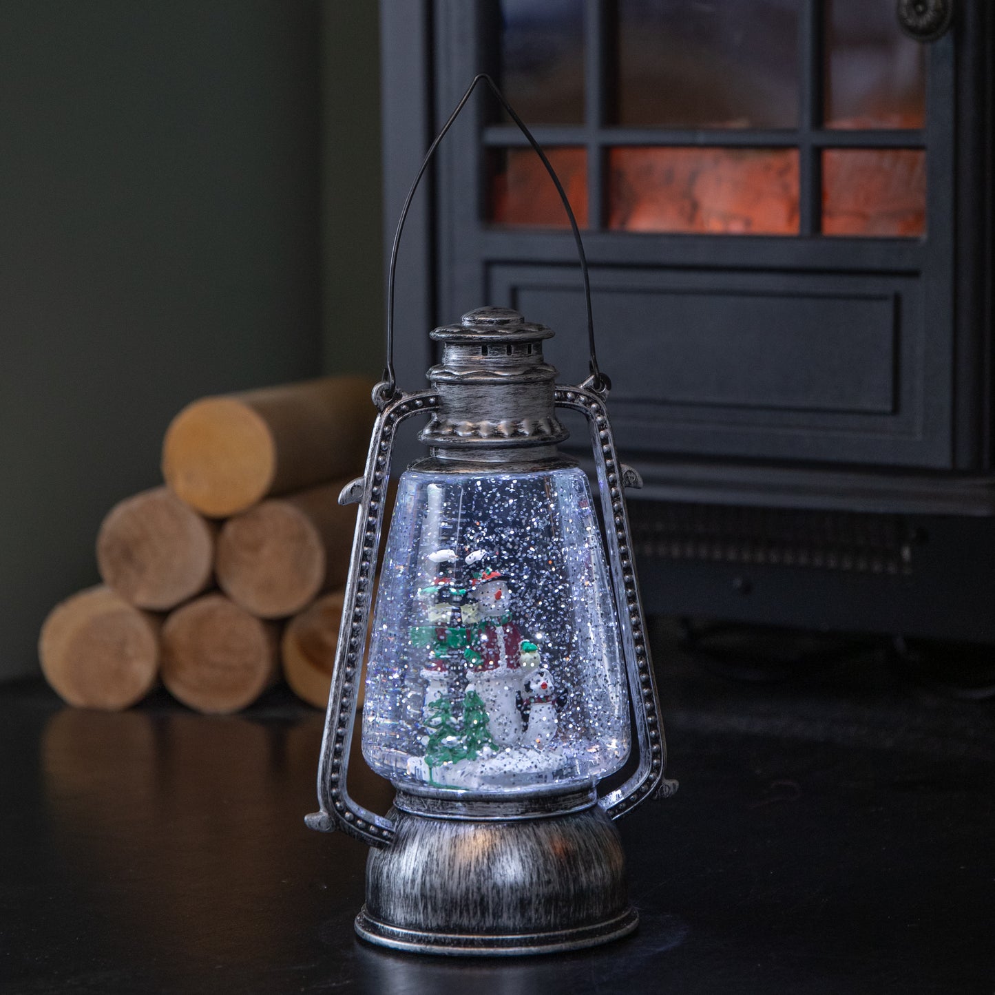 24cm Dual Powered Light up Silver Antique Lantern Christmas Water Spinner with Snowman Scene