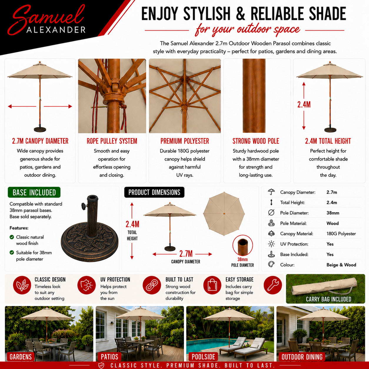 2.7m Outdoor Wooden Garden Parasol Sun Shade with Carry Bag in Cream with 9kg Base Included