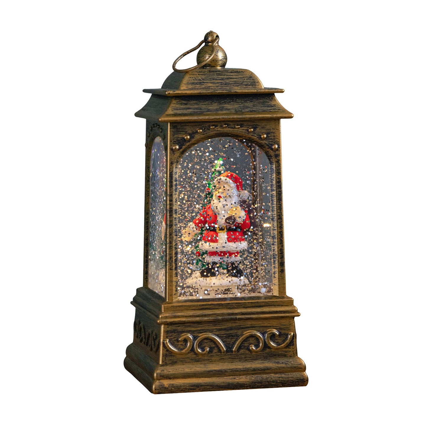 21cm Dual Powered Light up Rustic Gold Christmas Water Spinner Decoration with Santa Scene