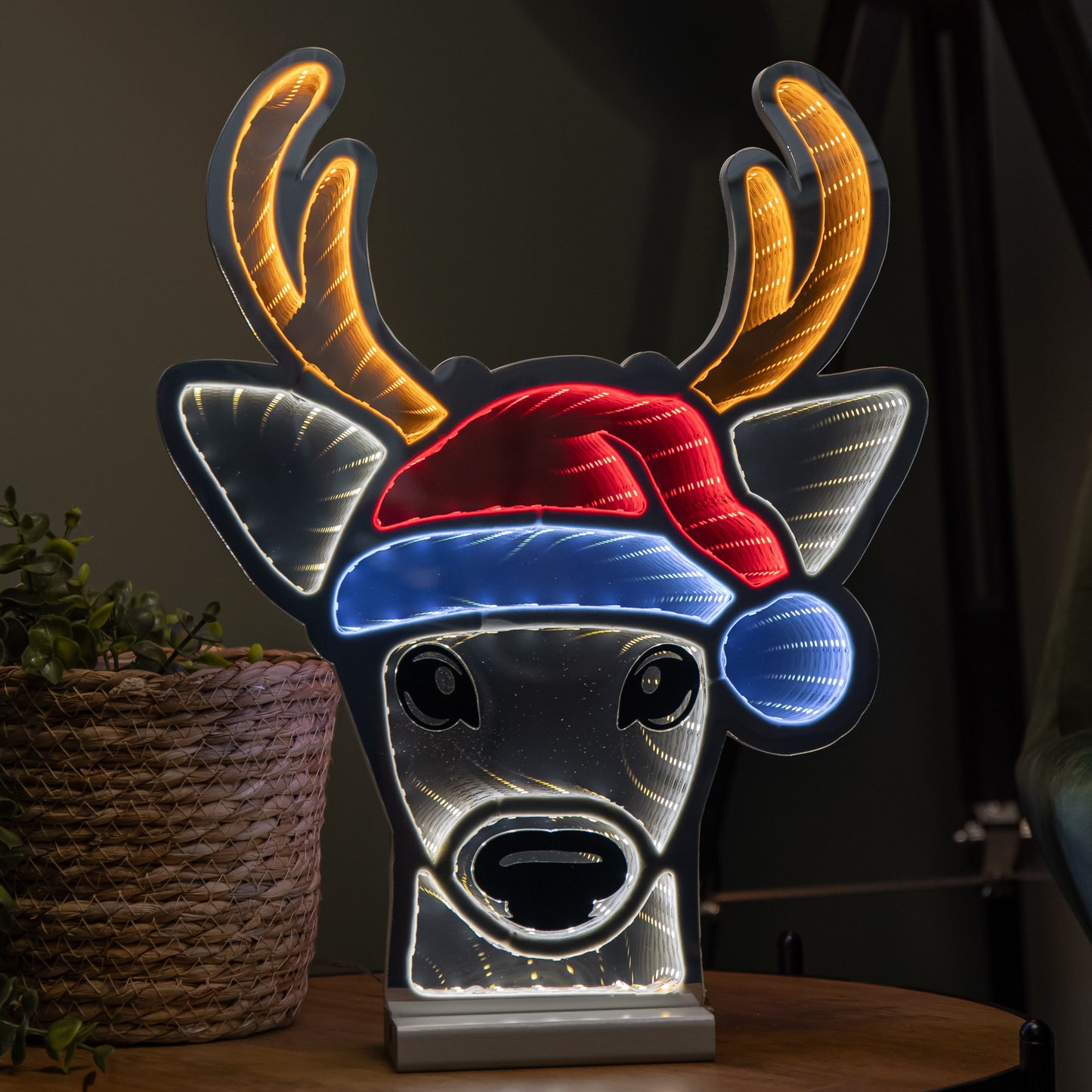 40cm Light up Christmas Deer Head in Santa Hat Infinity Decoration with LEDs