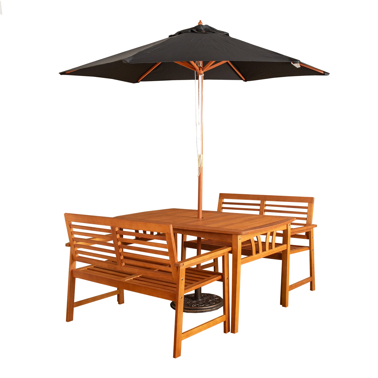 Outdoor 4 Person Rectangular Wooden Garden Table, 2 Benches with Black Parasol & Base Furniture Set
