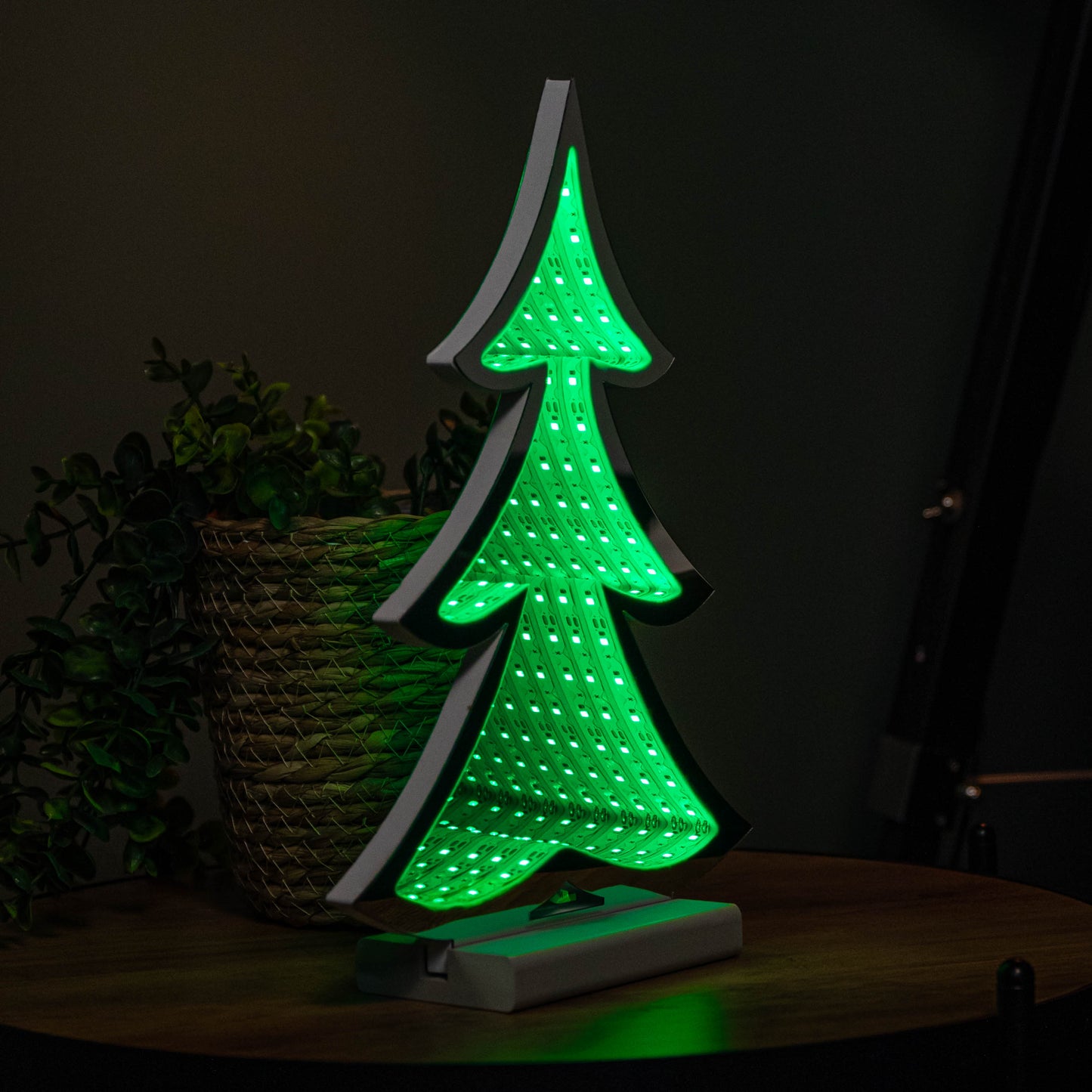 30cm Standing Infinity Christmas Tree Light with Wooden Base and Green LEDs
