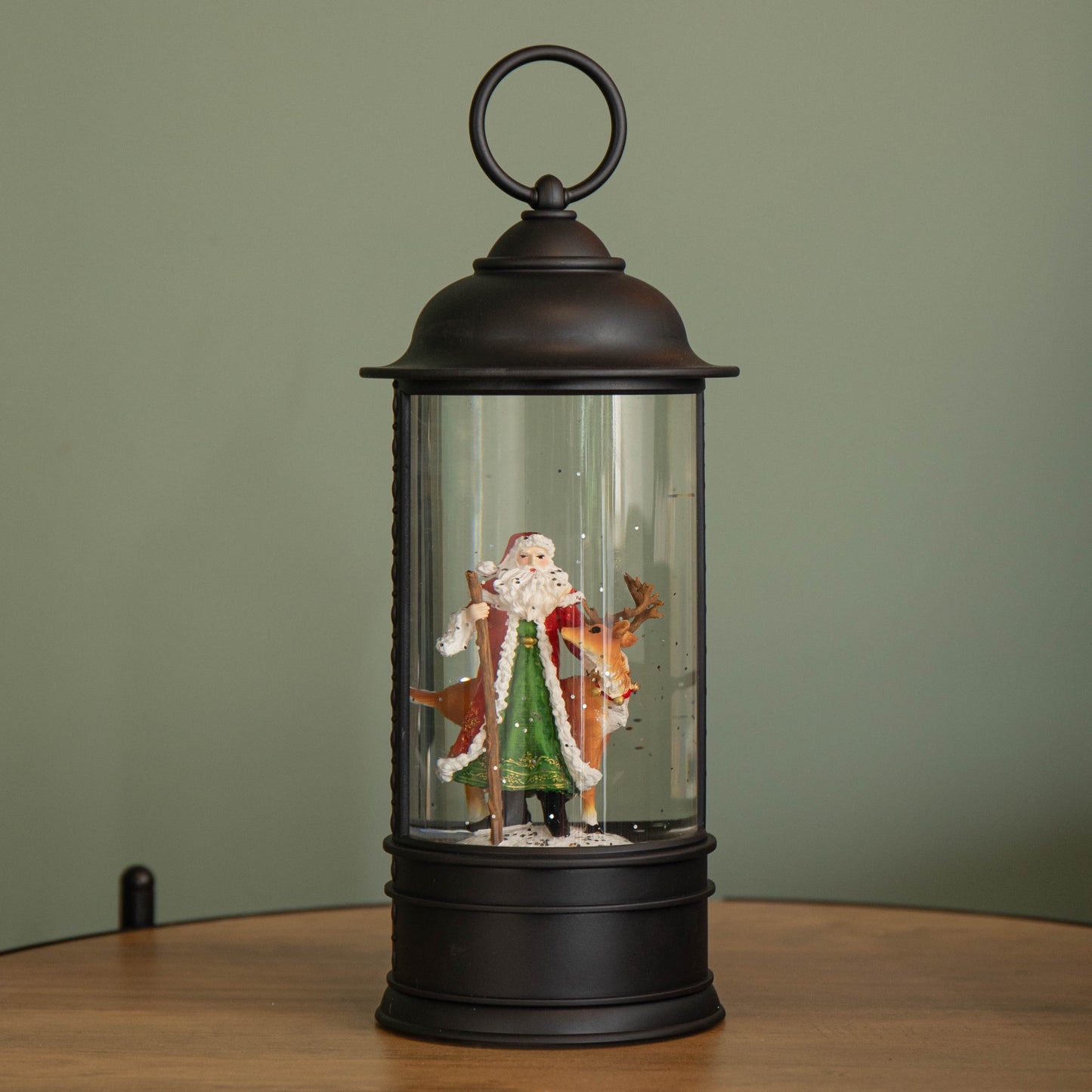 29cm Dual Power LED Christmas Glitter Water Spinner Black Lantern Santa & Reindeer Scene