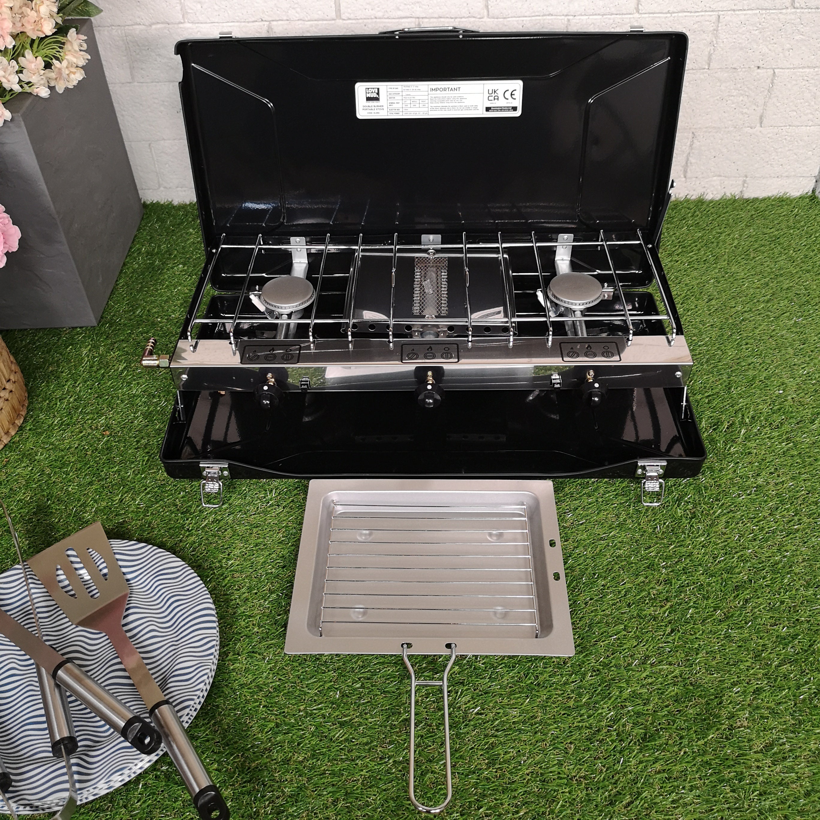 Portable Gas Dual Double 2 Burner Camping Stove & Grill with Toast Rack