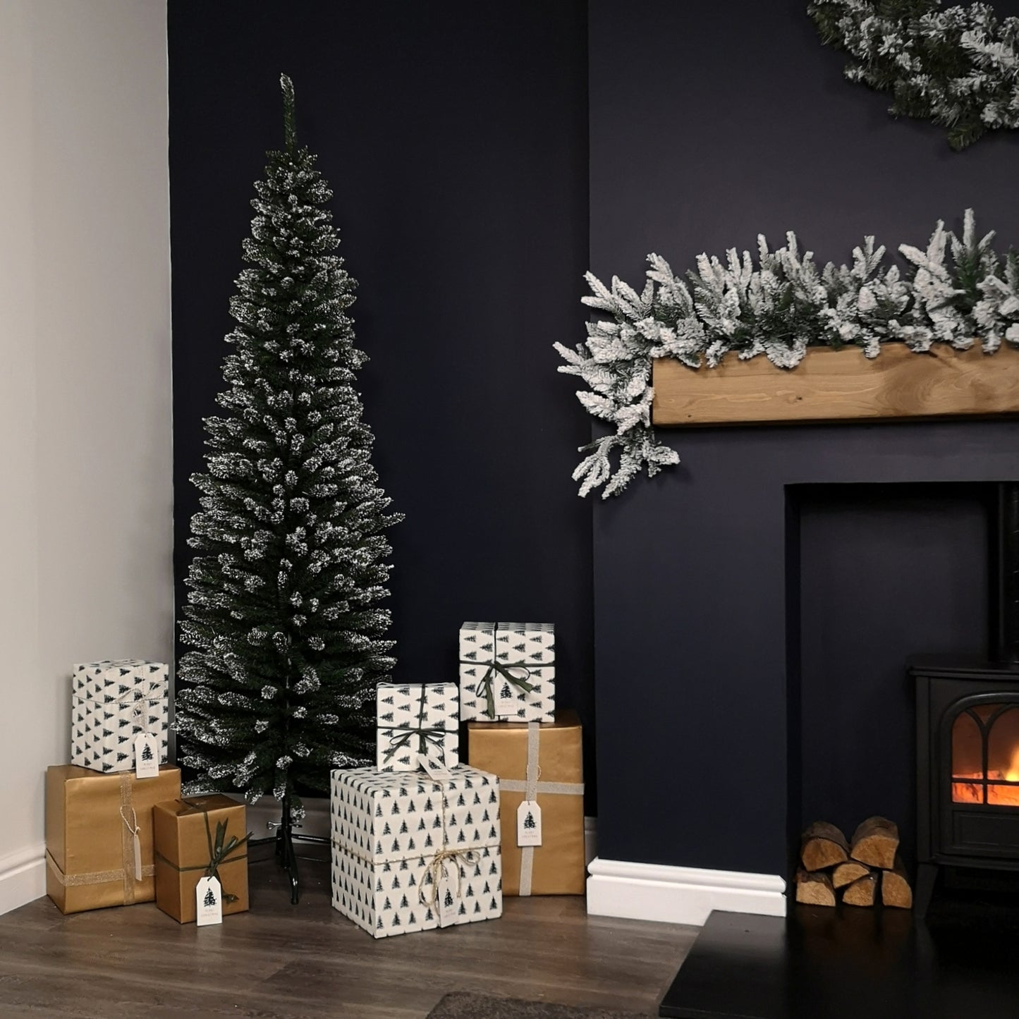 6.5ft (2m) Pencil Style Slim Snow Tipped Artificial Christmas Tree in Green