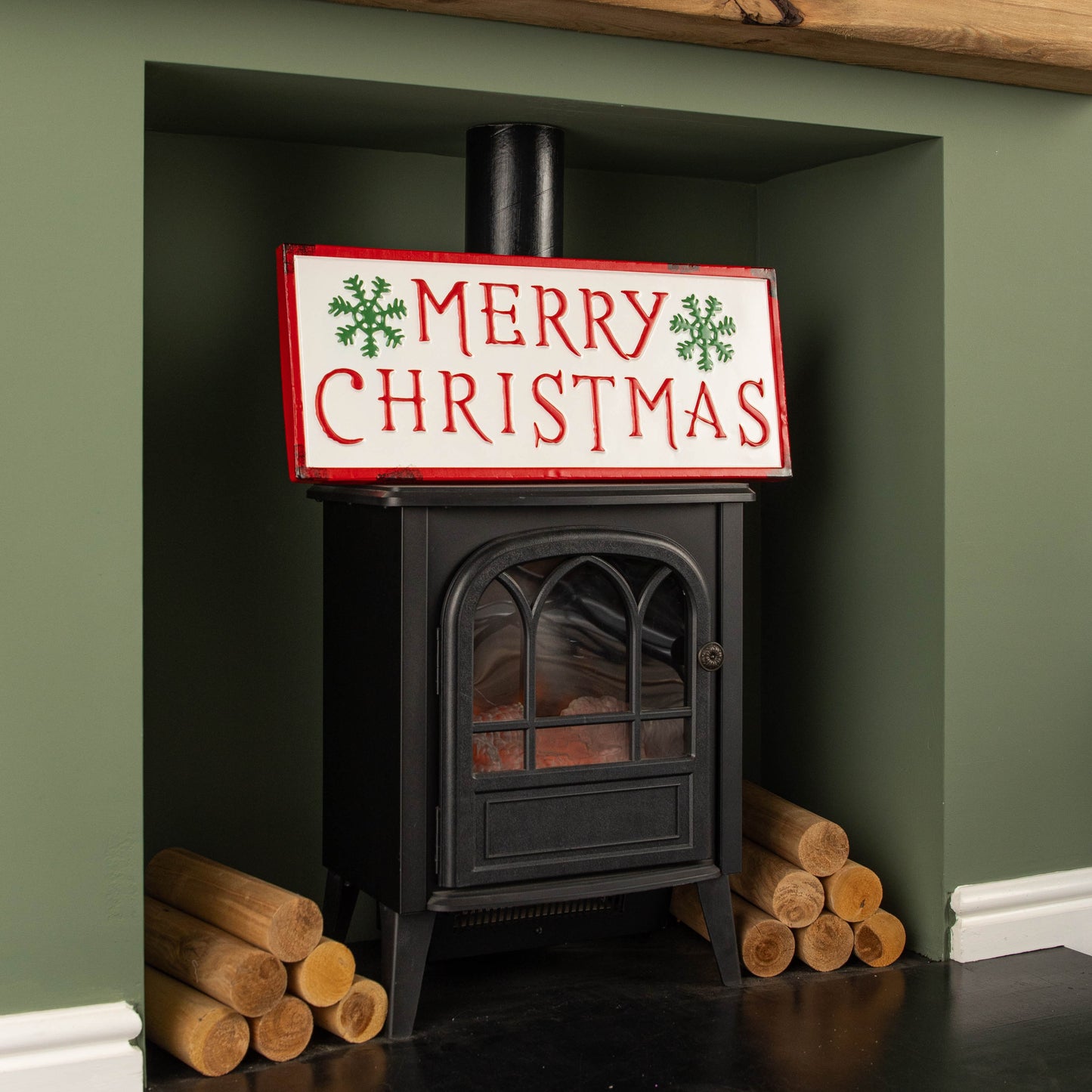 57cm Metal Merry Christmas Hanging Sign in Red & White with Green Snowflakes