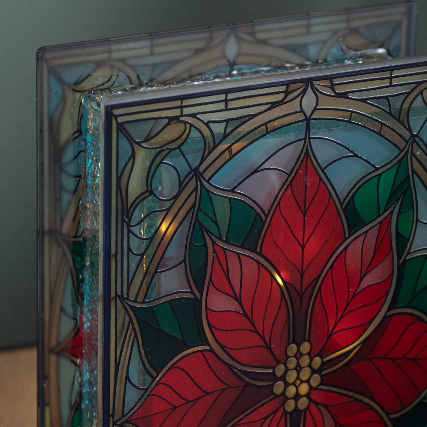 21cm Battery Operated Light up Double Sided Stained Glass Poinsettia Decoration with LEDs