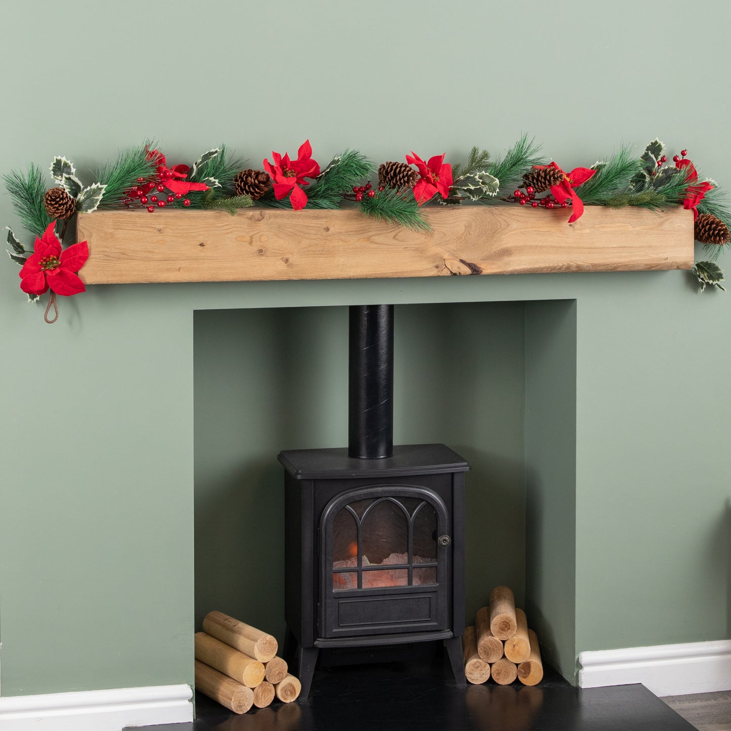 1.8m Red and Green Christmas Poinsettia Garland with Pinecones & Seasonal Foliage