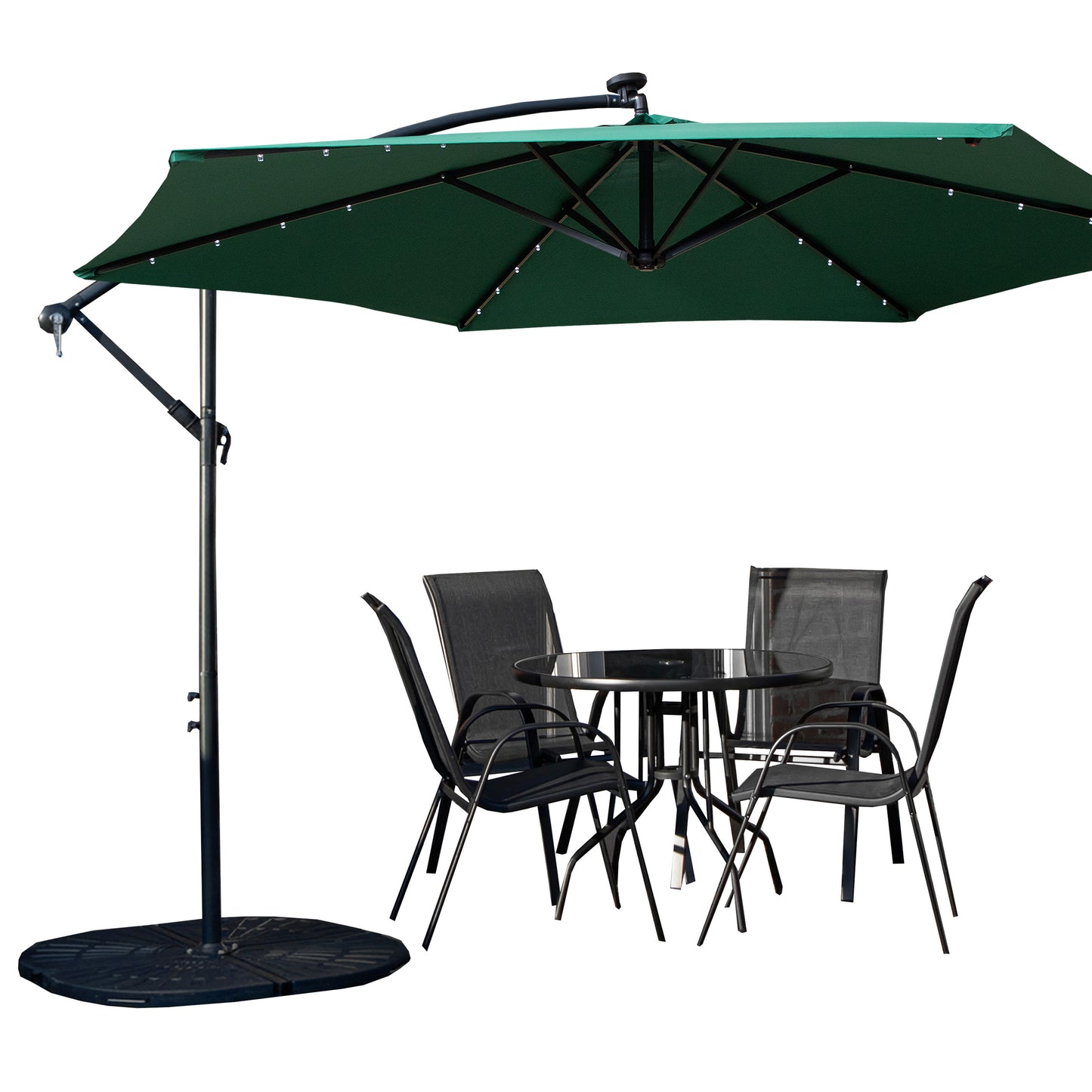 Outdoor 4 Person Round Glass Top Garden Dining Table Chairs With Green Banana Lit Parasol and Base