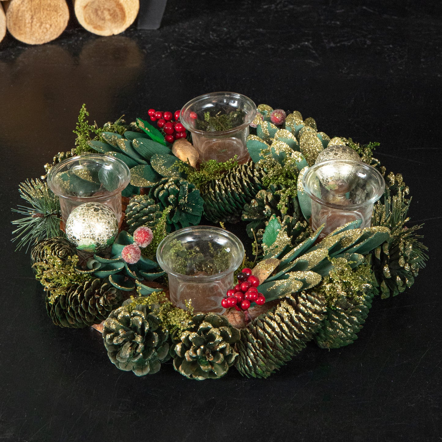 33cm Christmas Bauble Quartet Candle Holder with Pinecones and Red Berries
