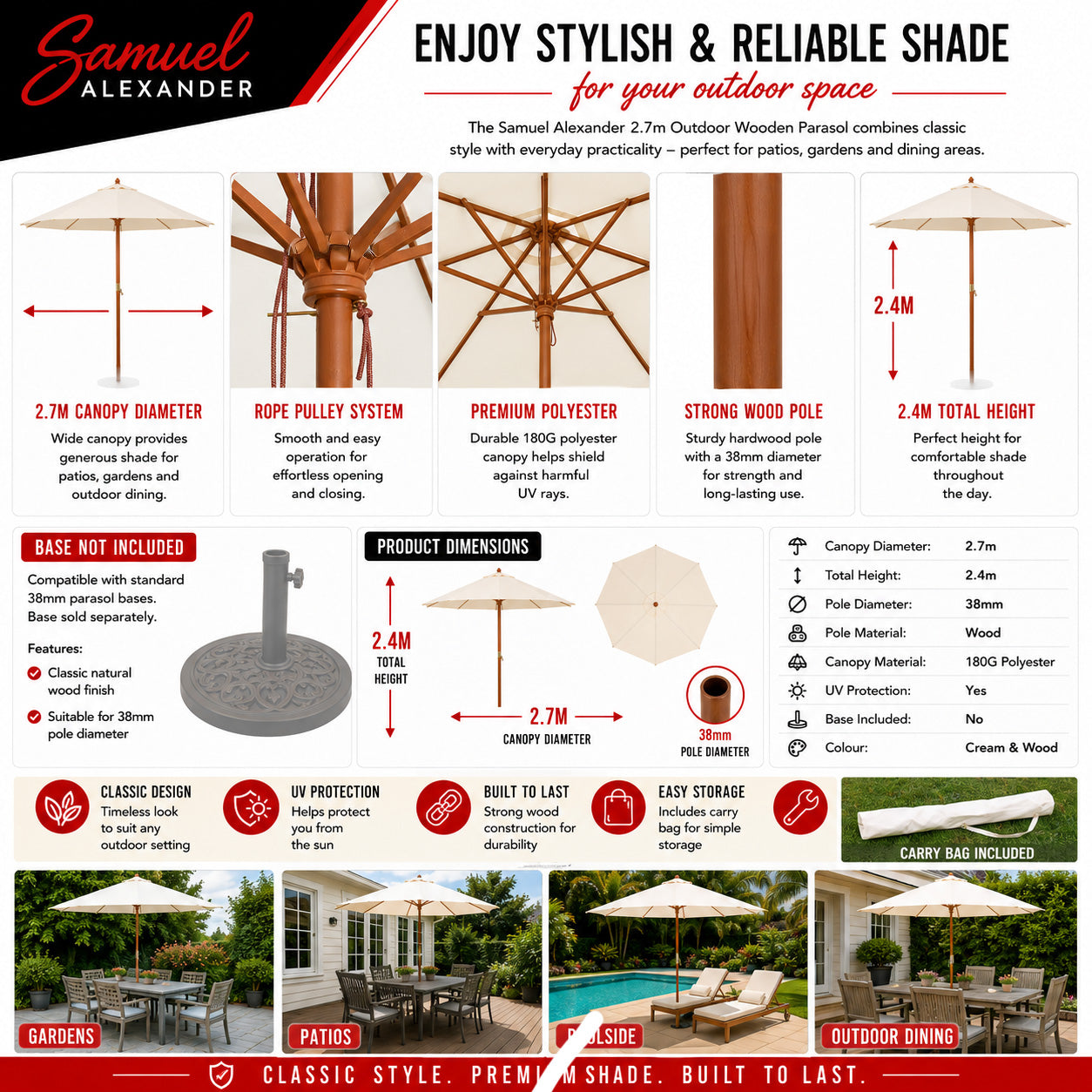 Samuel Alexander 2.7m Outdoor Wooden Garden Parasol Sun Shade with Carry Bag in Cream