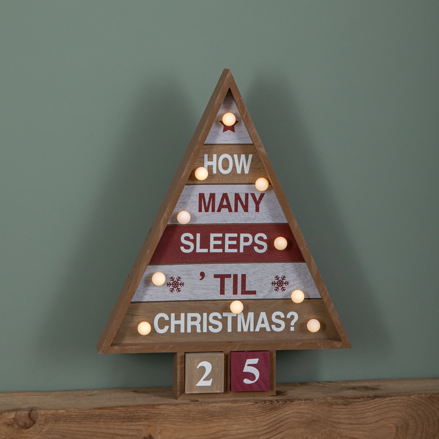 42cm Wooden Christmas Countdown Decoration with 10 Warm White LEDs