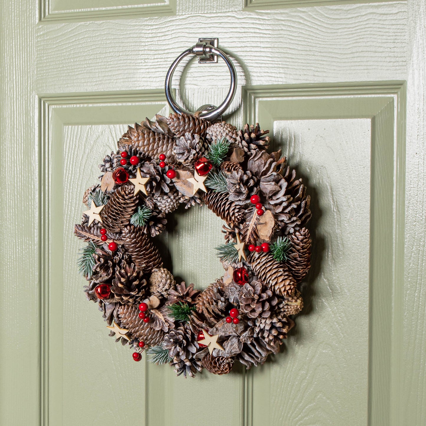 36cm Frosted Hanging Christmas Wreath with Red Jingle Bells & Wooden Stars