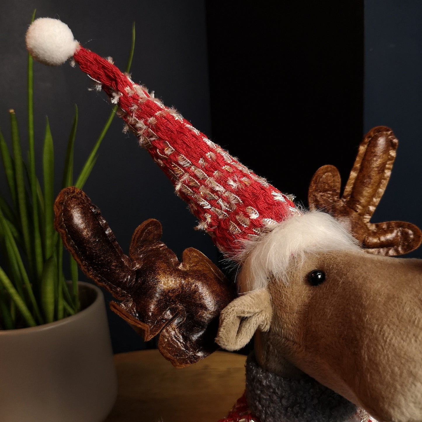 38cm Plush Reindeer Christmas Decoration with Hat and Scarf in Red