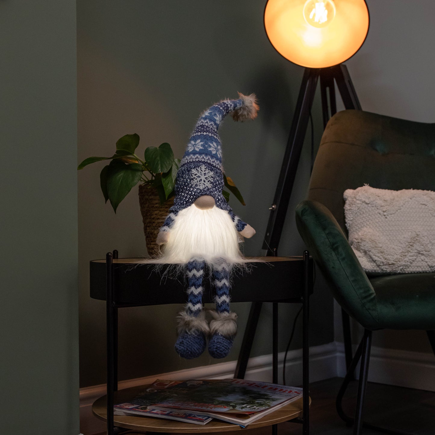 55cm Battery Operated Light up Blue Christmas Gonk with Dangly Legs & Snowflake Hat