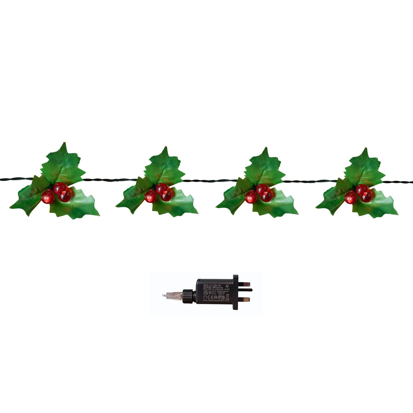 Snowtime Indoor Outdoor 100 Christmas LED Red Berry And Holly Lights Green Cable