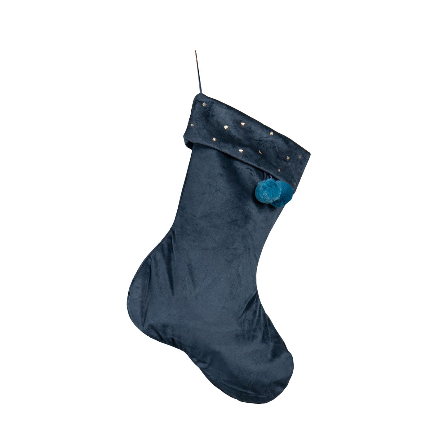 70cm Hanging Dark Blue Velour Star Print Christmas Stocking with Pom Poms