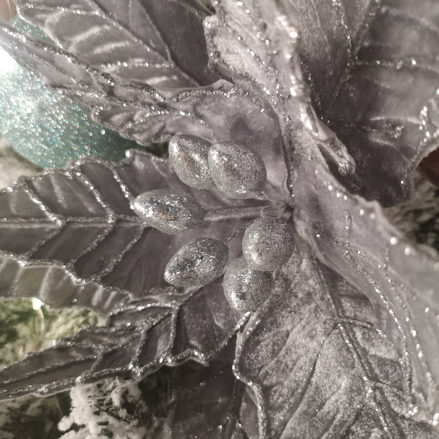 50cm Silver Velvet Poinsettia Stem with Glitter Christmas Decoration