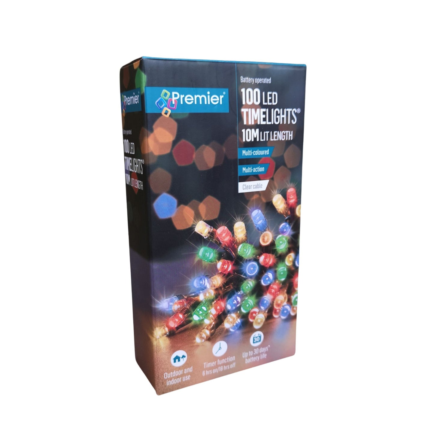 100 LED 10m Premier Battery Function Christmas Timer Lights Multicoloured Clear