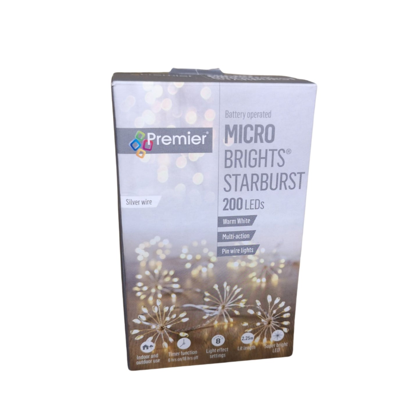 200 LED 10 Starburst Premier Christmas Multi Function Battery Timer Lights in Warm White