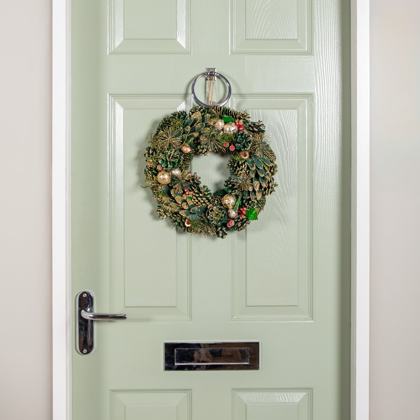 36cm Bauble and Pinecone Hanging Christmas Wreath with Red Berries