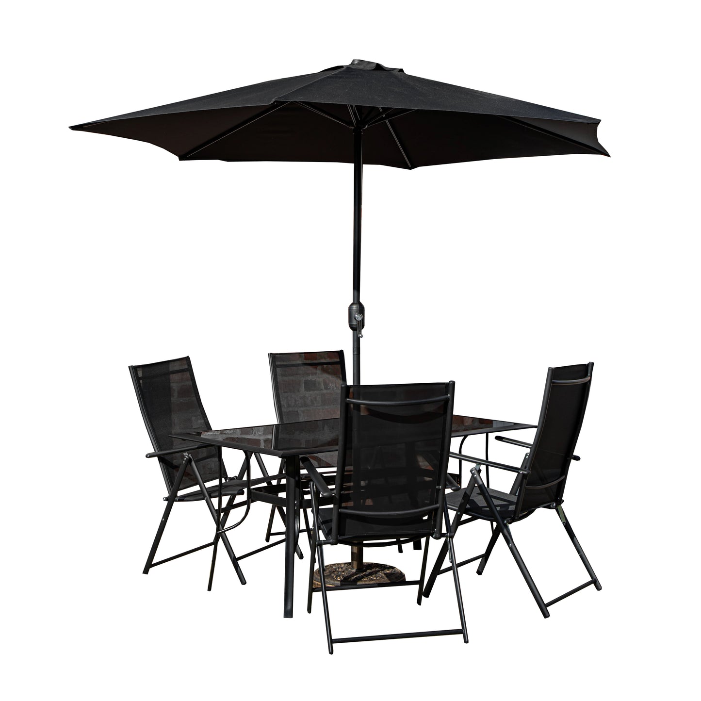 Outdoor 4 Person Rectangular Glass Top Garden Dining Table Chairs With Black Parasol and Base Set