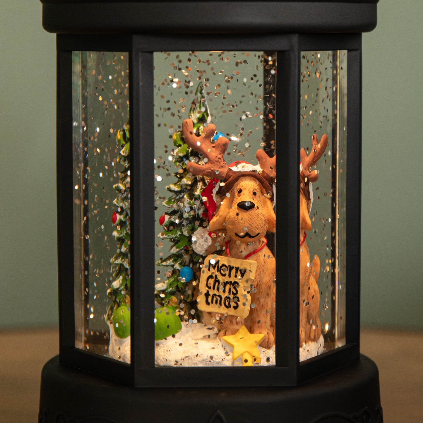 18cm Battery Operated LED Christmas Glitter Water Spinner Black Lantern Dog & Tree Scene