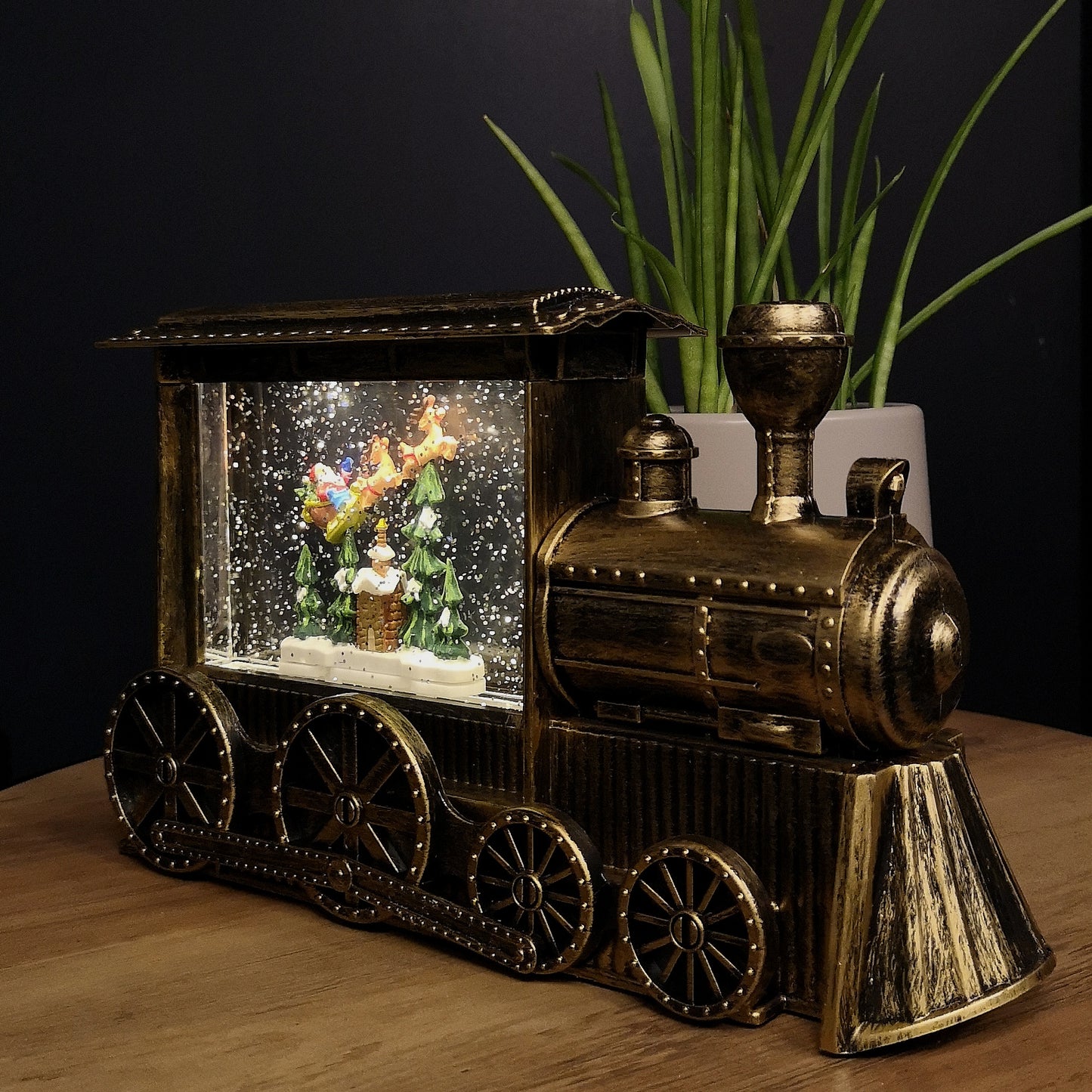 29cm Dual Powered Light up Gold Christmas Train Water Spinner with Santa Scene