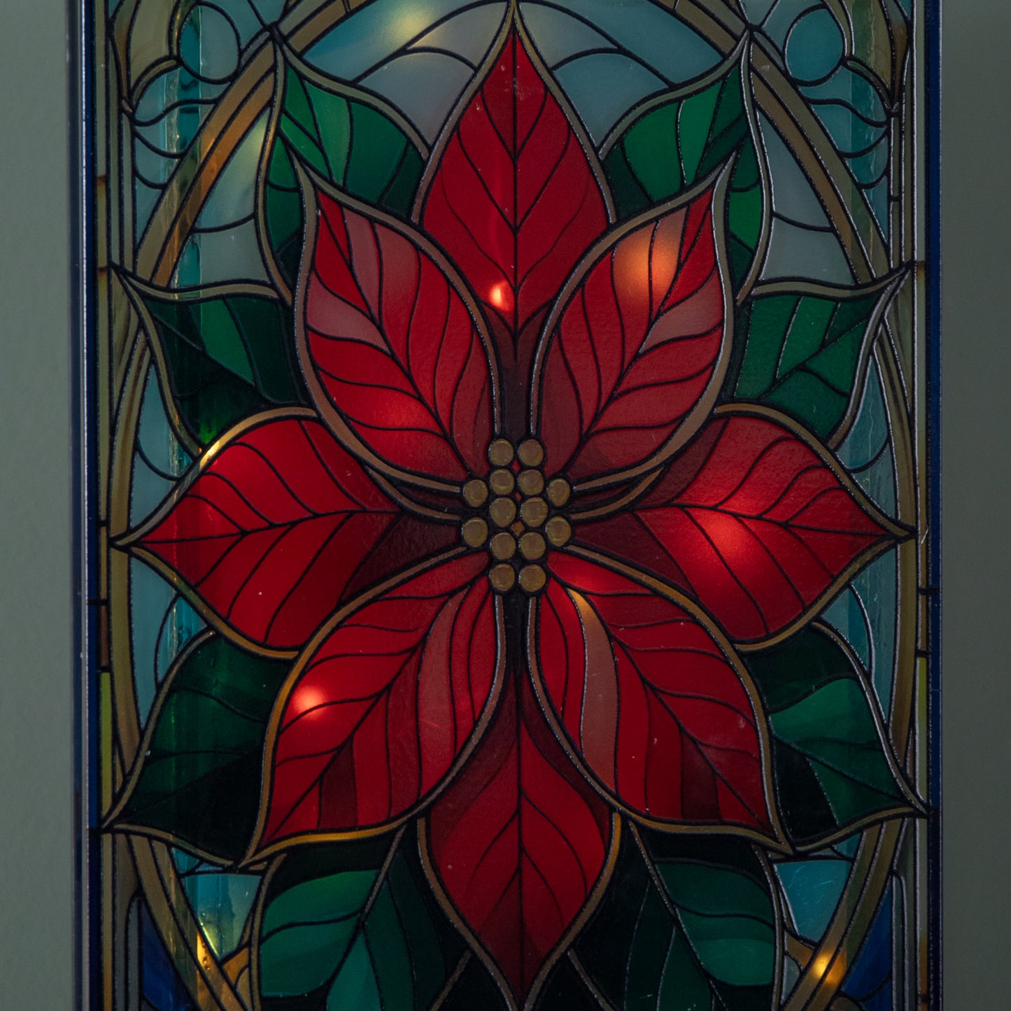 21cm Battery Operated Light up Double Sided Stained Glass Poinsettia Decoration with LEDs