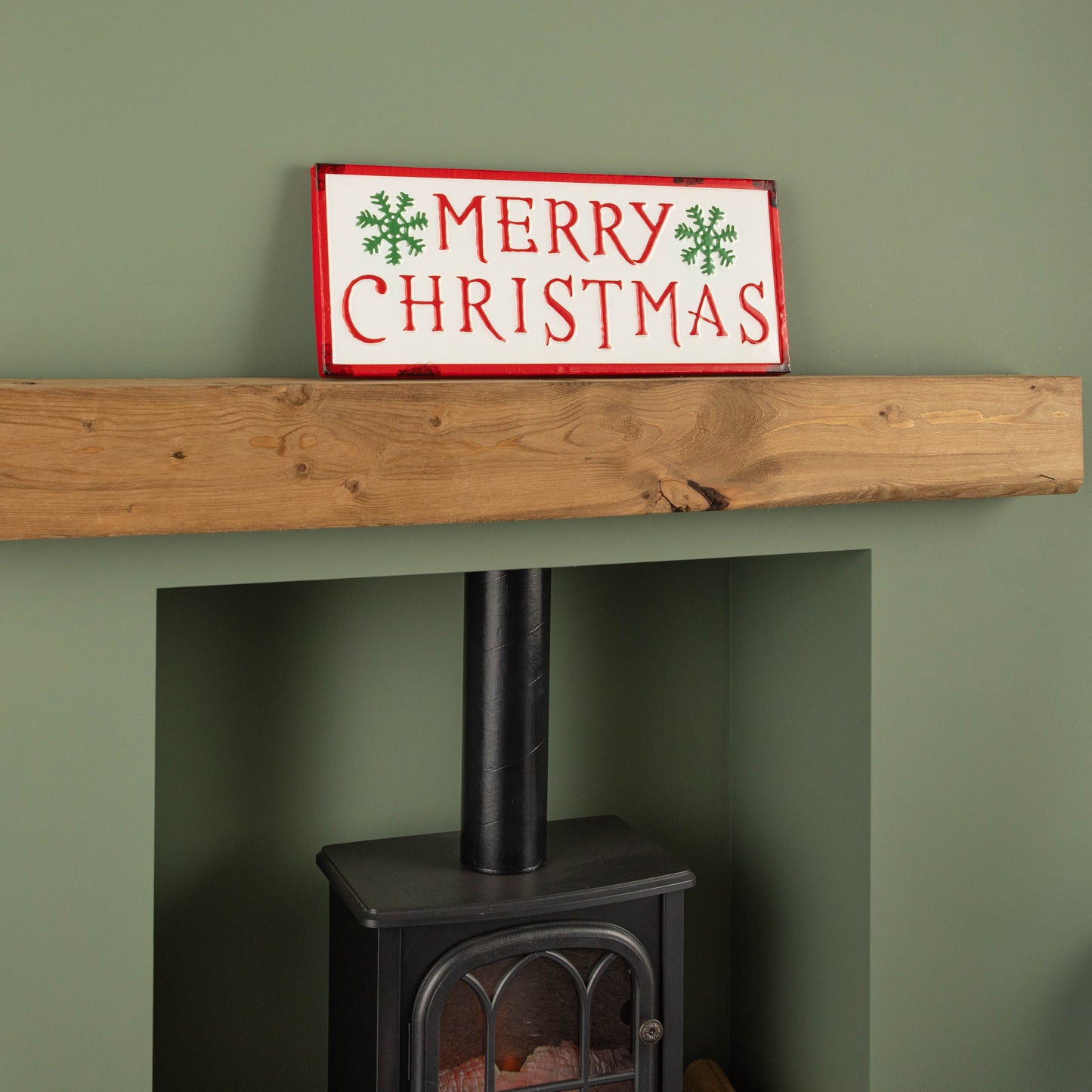 57cm Metal Merry Christmas Hanging Sign in Red & White with Green Snowflakes