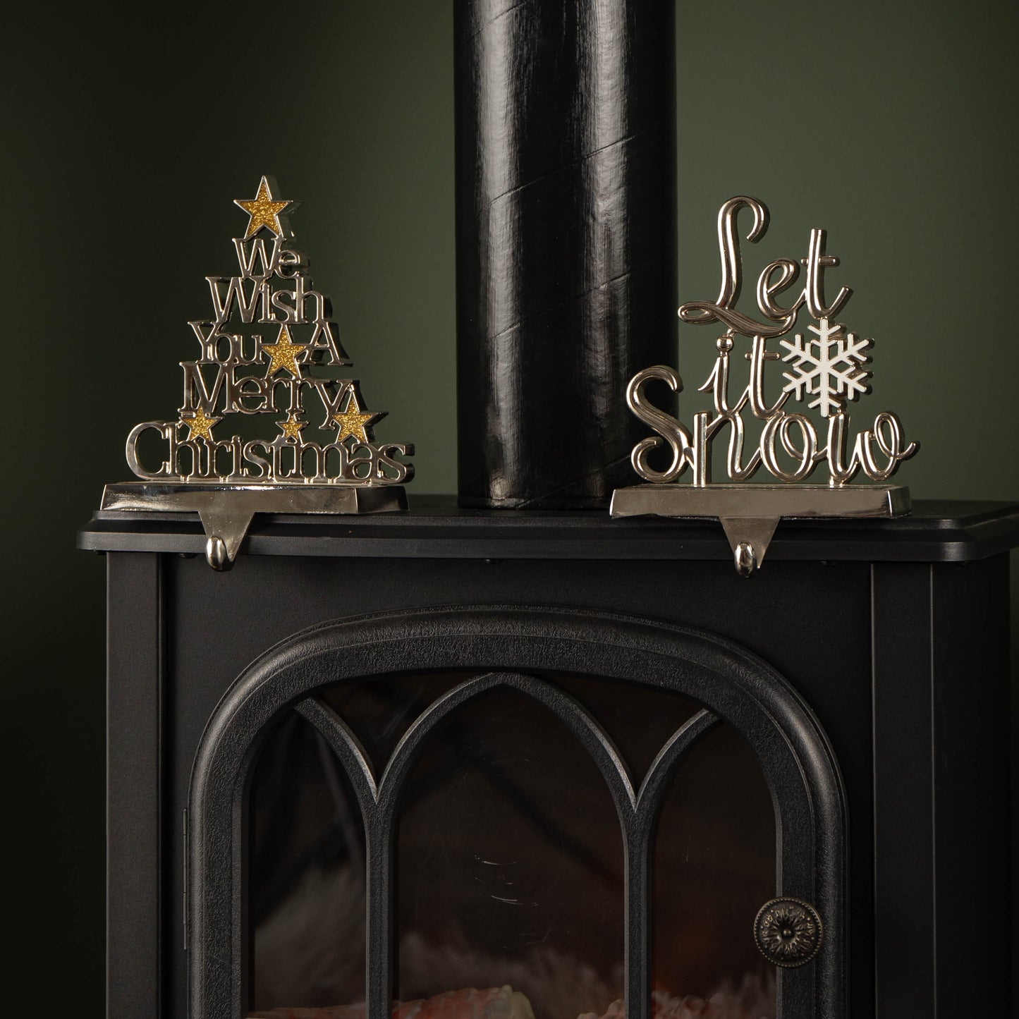 22cm Silver Christmas Stocking Hanger -Let it Snow/We Wish you a Merry Christmas