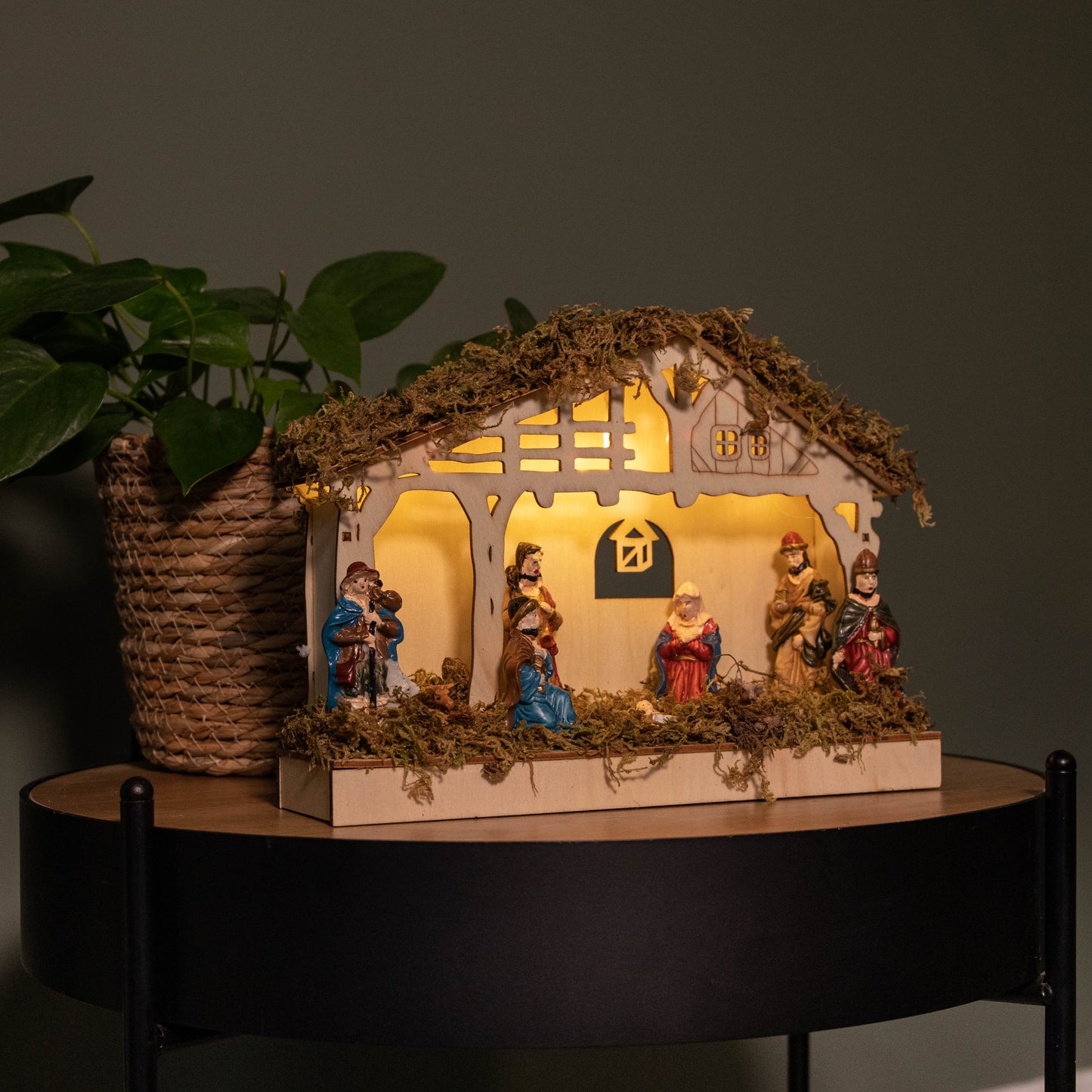 26cm Battery Operated Light up Wooden Christmas Nativity Scene with Warm White LEDs