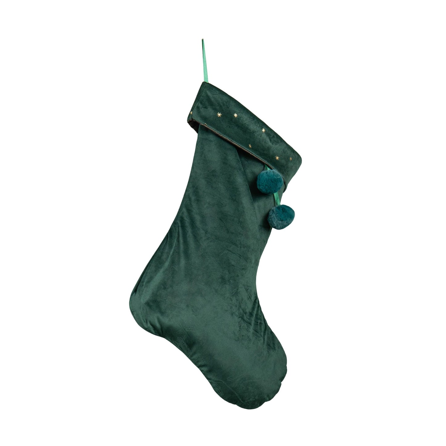 70cm Hanging Dark Green Velour Star Print Christmas Stocking with Pom Poms