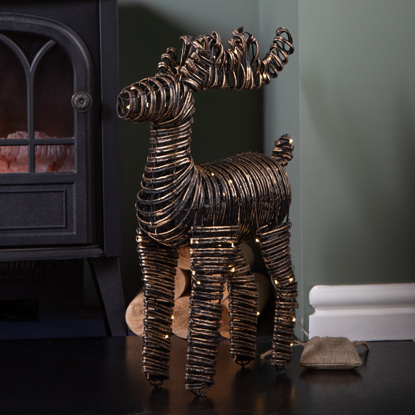 50cm Battery Operated Light up Black & Gold Braid Christmas Reindeer with Warm White LEDs