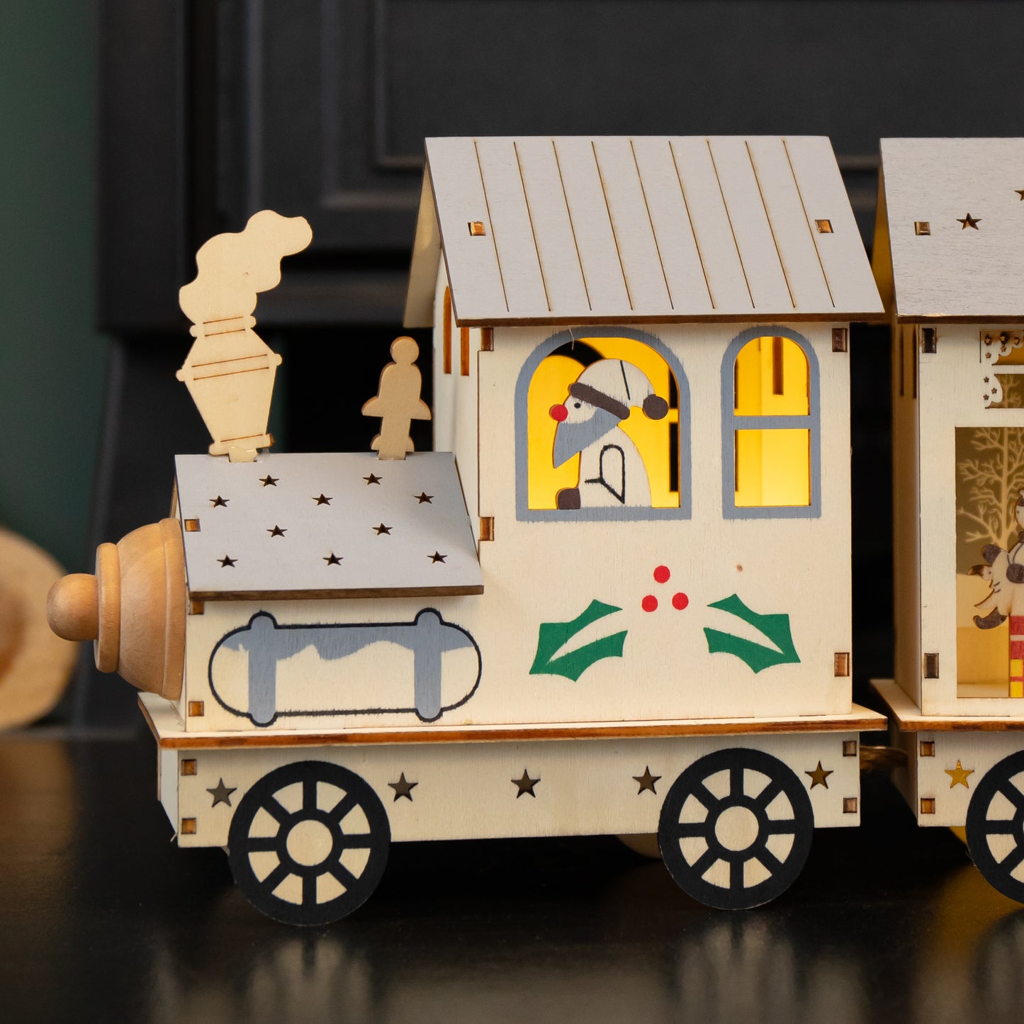16cm LED Battery Operated Indoor Wooden Christmas Train & Carriages Scene